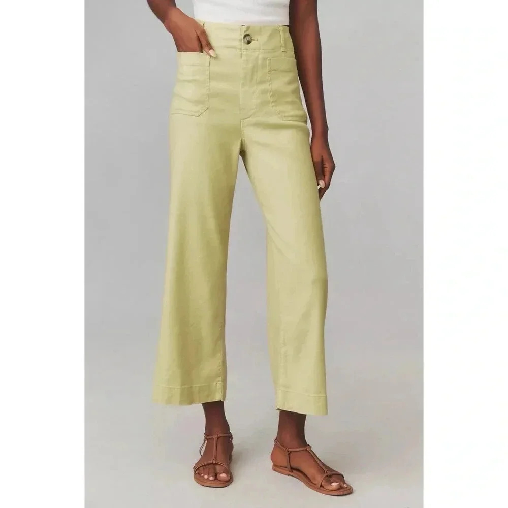 NWT Anthropologie The Colette Linen Wide Leg Pants Lime Green 31